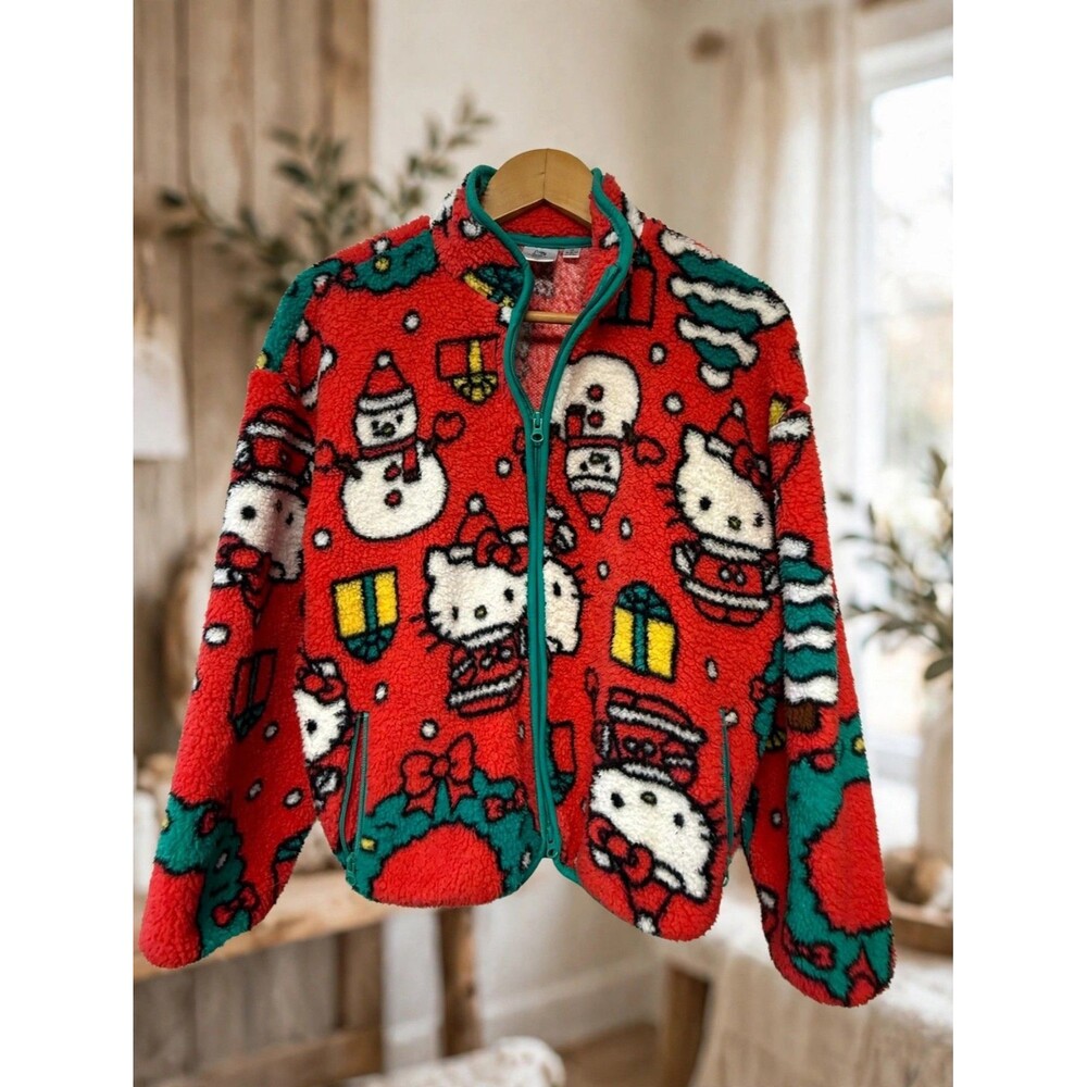Hello Kitty Sanrio Christmas Fleece Sherpa Zip Jacket XS Snowman 2025 Womens